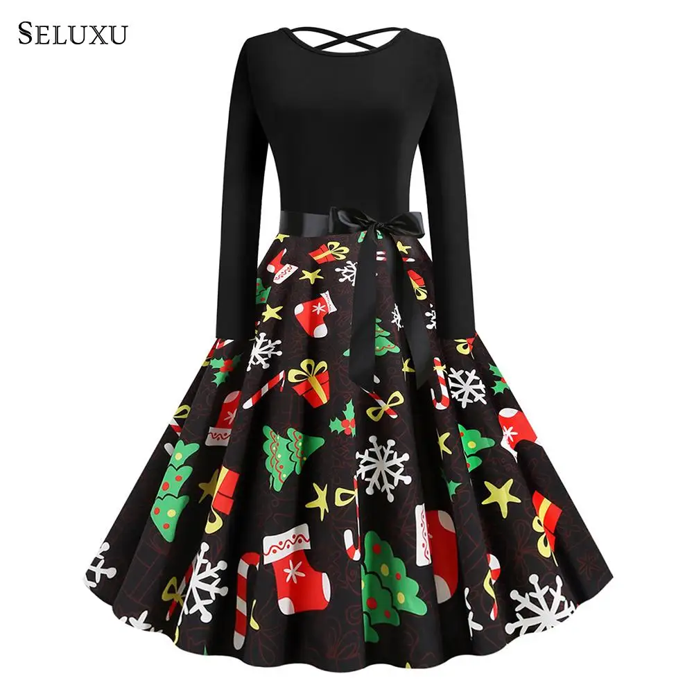 Comprar Seluxu 2019 vestidos de Navidad de Invierno para mujer Vintage bata Swing Pinup elegante vestido de fiesta de manga larga Casual de talla grande negro estampado