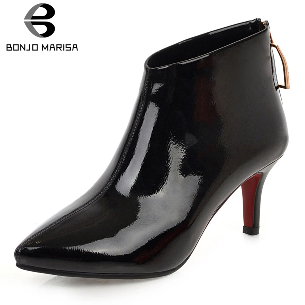 

BONJOMARISA 2019 Large Size 32-43 Thin Heels Ankle Boots Woman Shoes Add Fur Zip Up Pointed Toe Autumn Winter Shoes Woman Boots