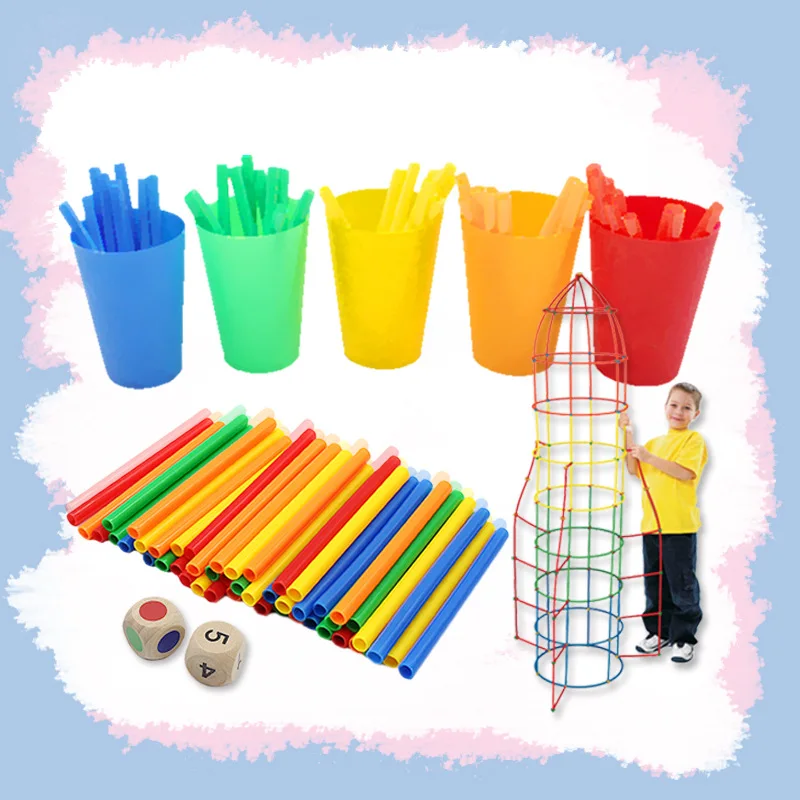 4D Building Blocks Straws DIY Set Kids Creative Toys Large Domino Game Preshool Teaching Aids Flexible Connector Kit