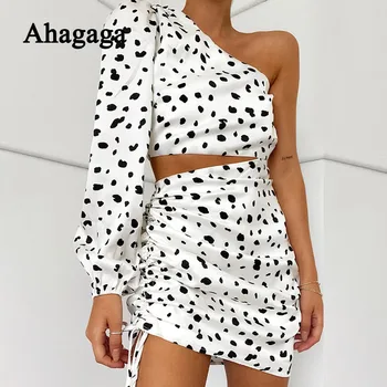 

2020 Mini Leopard Dress Women Print Fashion One Shoulder Long Lantern Sleeve Drawstring Hollow Out Bandage Party Women Dresses