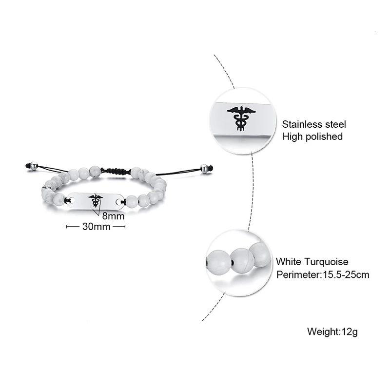 Vnox, гравировка, медицинский алерт, ID браслеты для женщин и мужчин, нержавеющая сталь, бар с белыми бусинами, ручной работы, унисекс, веревочный браслет
