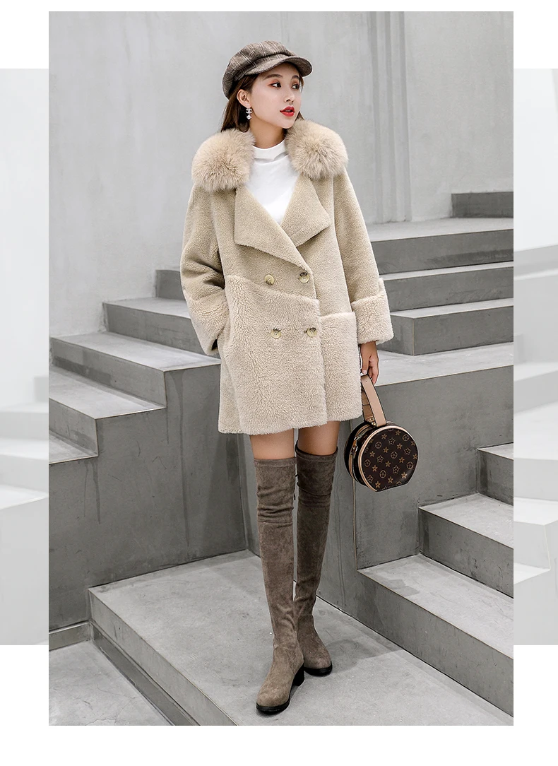 Real Fur Coat Women Clothes Autumn Winter Sheep Shearing Wool Jacket Fox Fur Collar Coats and Jackets Women 1819 YY1700