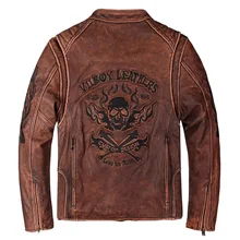 Мужская куртка из натуральной кожи с вышивкой черепа, мотоциклетная кожаная куртка коричневого цвета, винтажные куртки из воловьей кожи, пальто для мужчин