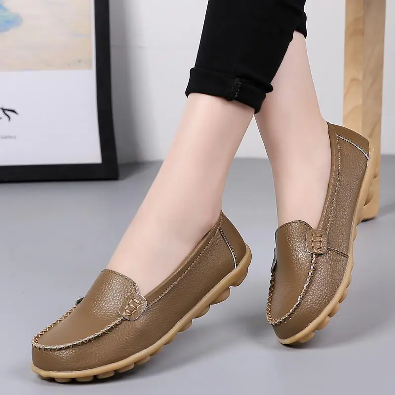 Khaki Новые однотонные кожаные туфли на плоской подошве; женские балетки на плоской подошве; повседневная обувь; балетки из натуральной кожи без застежки; женские Мягкие Мокасины - Цвет: Khaki