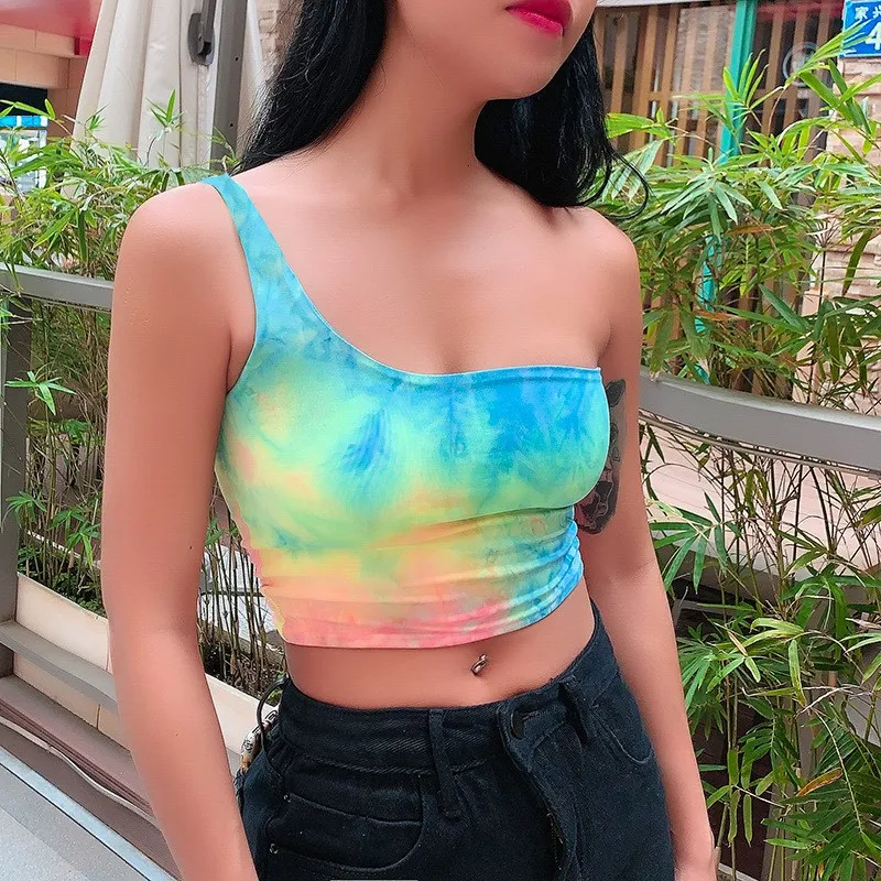 

streetwear one-shoulder tie dye print sexy crop tops women 2019 summer club colorful sun camis
