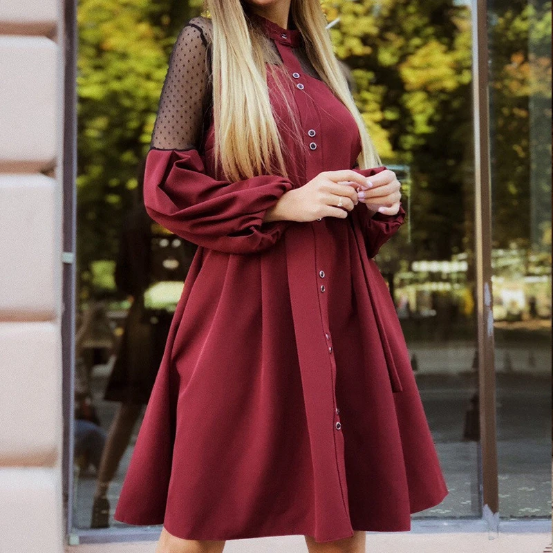 Tanie Kobiety koronka w stylu vintage Patchwork linia Party Dress Ladies długi rękaw bufka moda sukienka do pracy biurowej 2019 zima sukienka do kolan pas