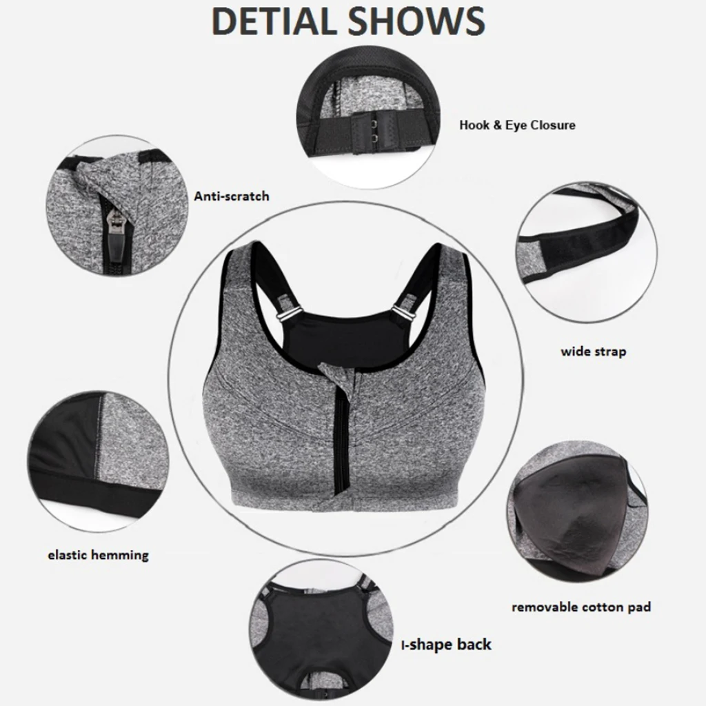 Womens Front Zip Sport Bra High Impact Support Workout Yoga Shock Absorber Adjustable Straps Push Up Bra Seamless Fitness