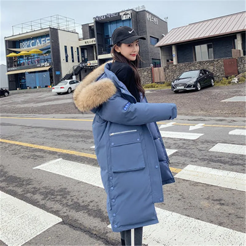 nuevo abrigo de invierno para mujer super largo cuello de piel grande era delgado grueso rodilla abajo abrigo de algodón