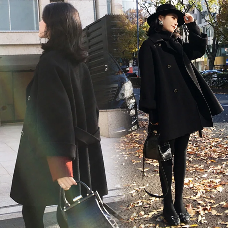 

2019 Autumn & Winter Women Double Breasted Warm Black Woolen Coat Outwear Jacket