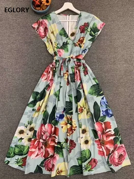 

High Quality New 2020 Summer Hot Sale Dress Women V-Neck Bautiful Flower Print Sleeveless Mid-Calf Length A-Line Casual Dress