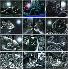 AZQSD Diamond Painting Black Cat Cross Stitch Kits Needlework 5D Diamond Embroidery Animal Mosaic Rhinestones Home Decor Gift