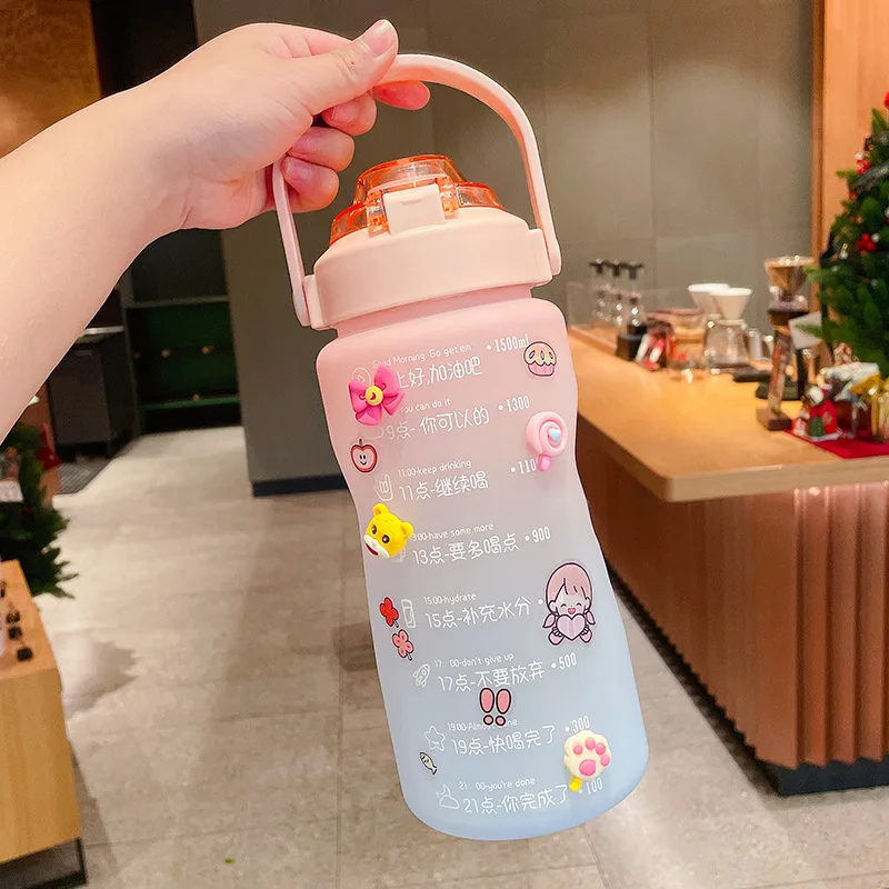 Kawaii Jumbo Plastic 2000ml Water Bottle With Time Marker & Straw