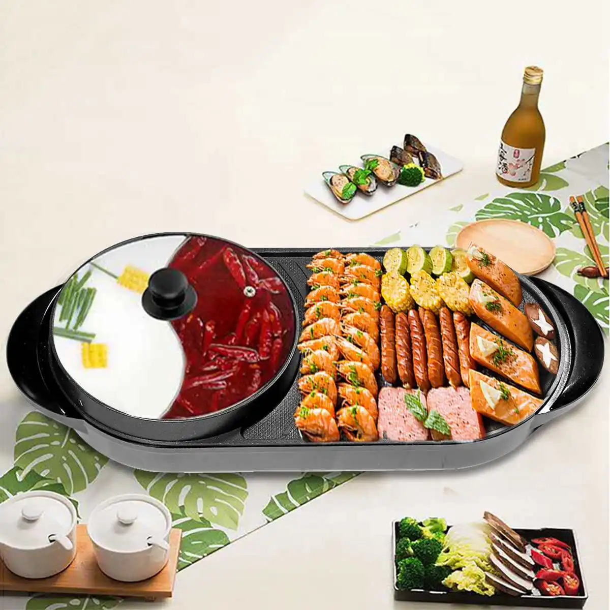 2 In 1 2000W Electric Grill Hot Pot Barbecue Multifunction Buffet Hot