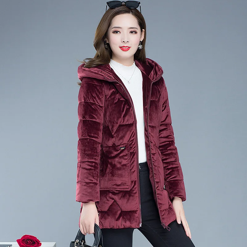 

Gold Velvet Cotton Overcoat Women's Mid-length 2019 Winter New Style Korean-style Slimming Hooded Large Size Thick down Jacket C