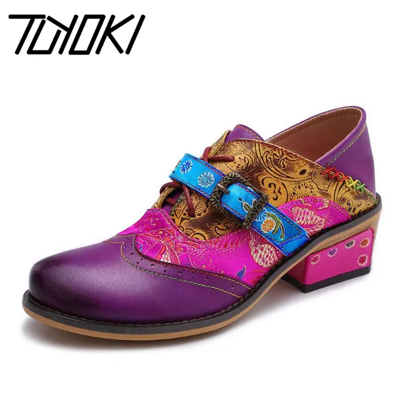 Tuyoki Vintage Pattern Genuine Leather Splicing Buckle Strap Pumps Mixed Color Thick Heels Bohemian Shoes Women Size 36-42