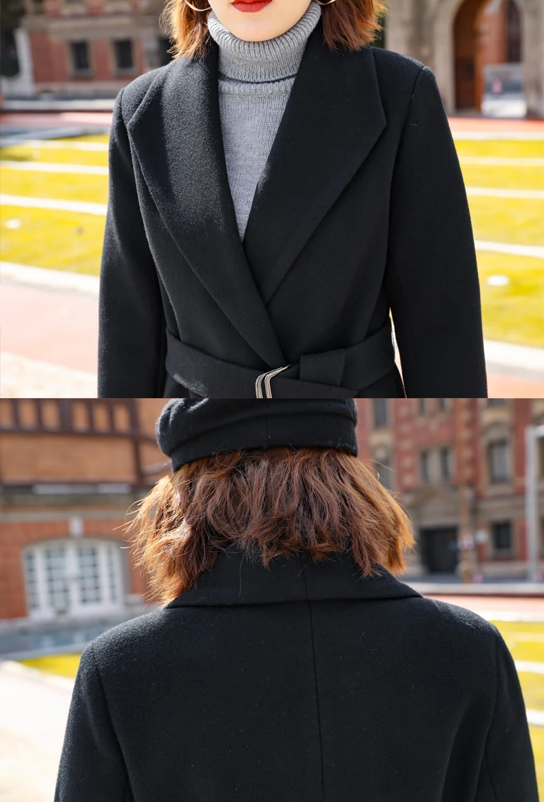 YuooMuoo элегантное шерстяное пальто с поясом и отложным воротником для женщин элегантное осенне-зимнее длинное черное пальто размера плюс casacos
