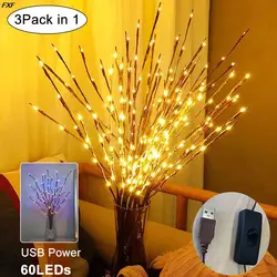 Willow Brown Branches Light LED Branch Lights Christmas vase Decoration Lights Pussy USB Plug-in with Switch 3pcs 60 Bulbs D30