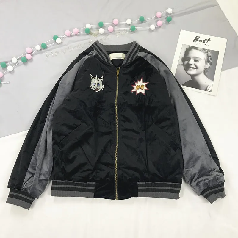 

Japanese-style Harajuku Electric Shock Cat Embroidered Mixed Colors Velvet Padded Baseball Jacket