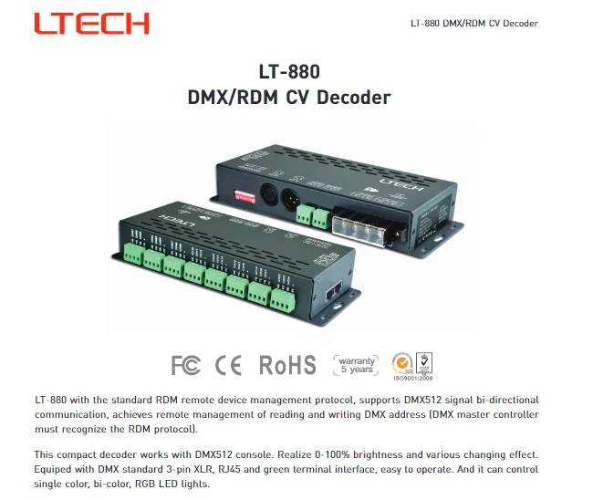 DMX декодер 24CH RGB/RGBW декодер DMX-PWM декодер; DC5V-24 V вход; 3A* 24CH Макс. 1728 Вт XLR-3/RJ45 порт LT-880-DMX/RDM CV декодер