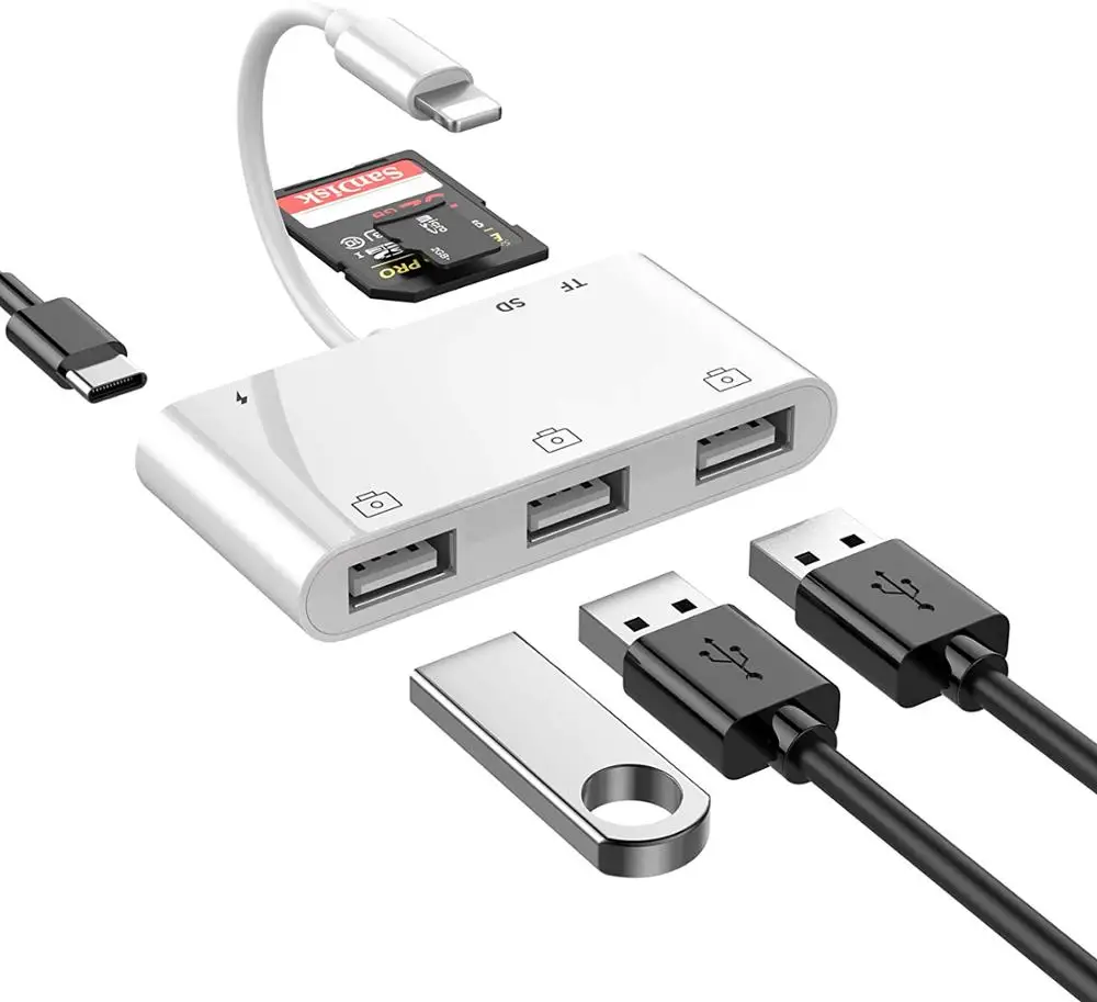

3 USB OTG Camera Connection Adapter for iPhone 8 X iOS 14 converter SD/TF/USB 6 in 1 OTG Card Reader Adapter for lightning OTG