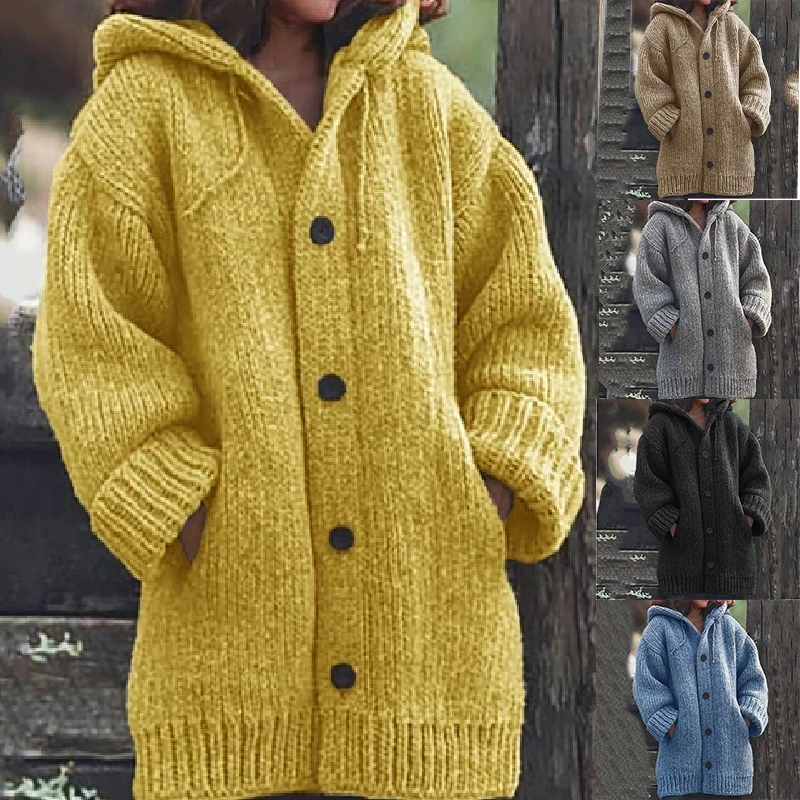 2020 Nice-looking Cardigan Thick Sweater Autumn Winter Long Coat Cotton Blend Crocheted Button Triple Breasted Hooded Sweater