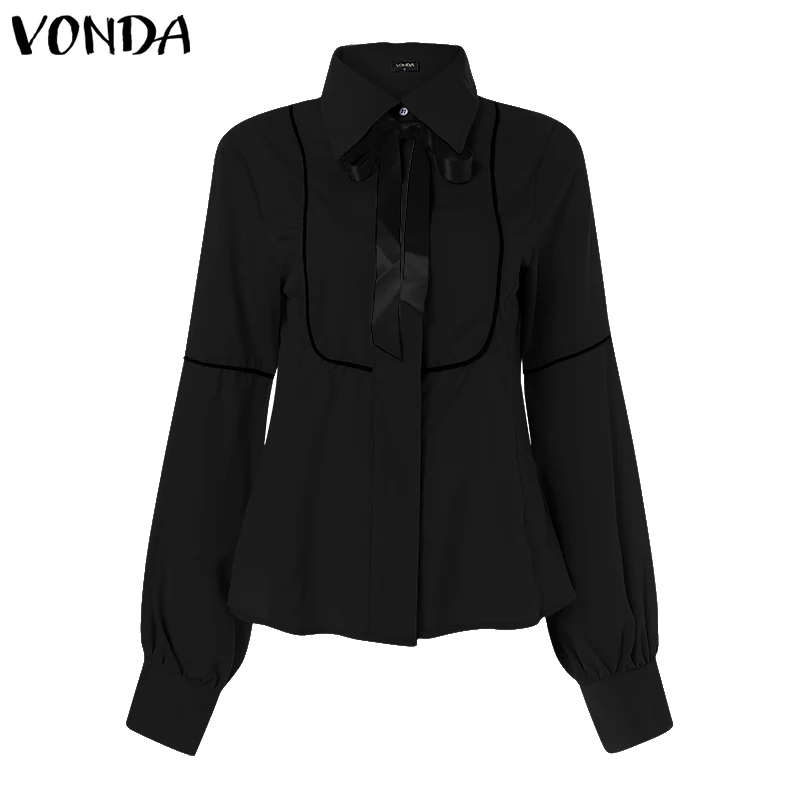 VONDA размера плюс Офисная Женская рубашка Осенняя блузка женская сексуальная рубашка с отворотом и рукавом-фонариком Женский Топ Blusas Femininas - Цвет: Black
