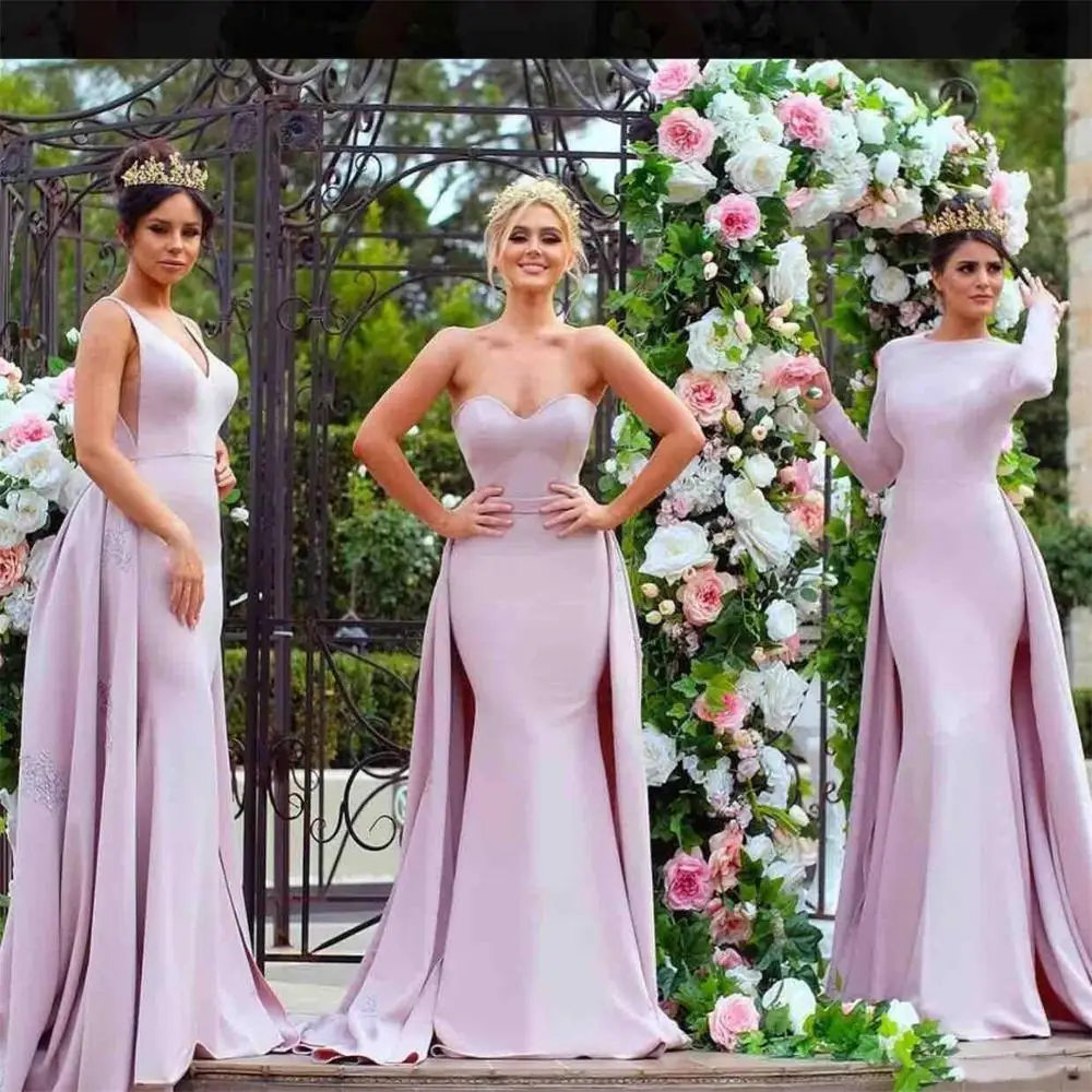 

2020 Long Bridesmaid Dresses With Train Custom Made Satin Mermaid Prom Party Gowns Appliqued Elegant Evening Dress