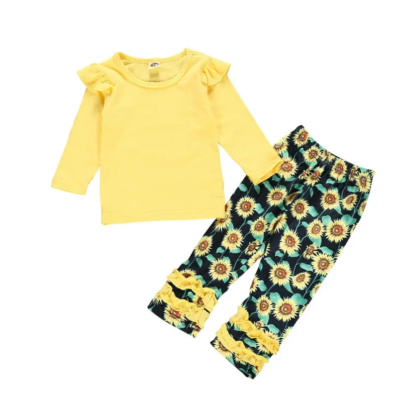 

Pudcoco 2019 Autumn 2PCS Newborn Baby Girls Solid Yellow Tops Sunflower Long Pants Outfits Set Fall Clothes