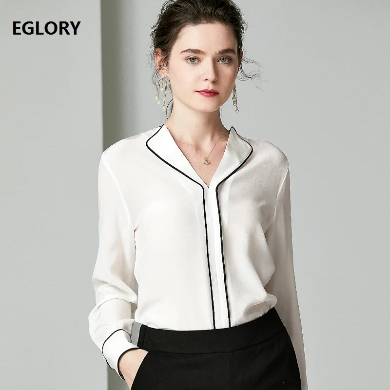 

Elegant Work Blouses 2019 Autumn Office Shirts Women V-Neck Color Block Patchwork Long Sleeve White Brown Silk Blouse Shirts