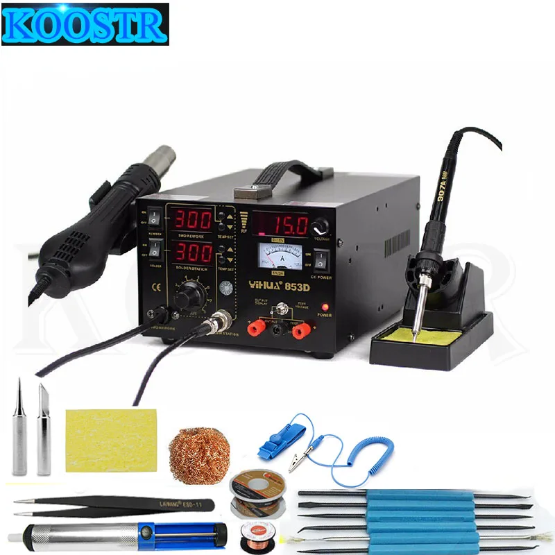 

YIHUA 853D BGA Rework Station 3 in 1 SMD Soldering Iron Stations With DC Power Supply Hot Air Gun Rework Station Soldering Tools