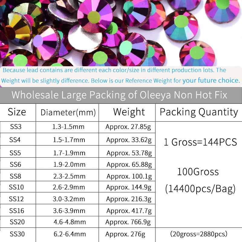 Sizes Weight Charts Oleeya Glass Crystal Nail non hot fix rhinestones