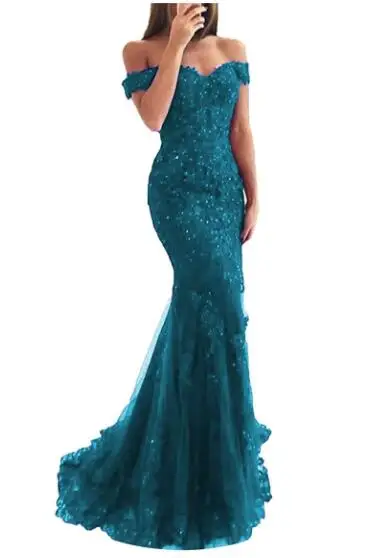 Off the Shoulder Long Mermaid Evening Dresses Lace abiti da sera Applique Robe De Soiree longue Formal Gowns abiye gece elbisesi Teal