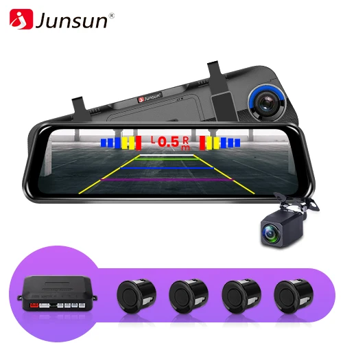 Junsun, новинка, 10 дюймов, Автомобильные видеорегистраторы, камера с парковочным радаром, монитор FHD 1080 P, видеорегистратор, двойное зеркало заднего вида, видеорегистратор, авто видеорегистратор - Название цвета: Black Parking Sensor