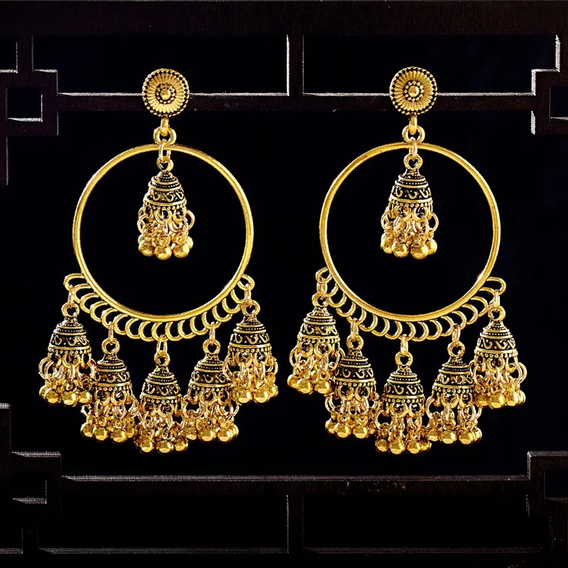 

TopHanqi Indian-jhumka Earrings Jewelry For Women Boho Ethnic Gypsy Gold Round Big Bells Tassel Drop Earring boucle d’oreille