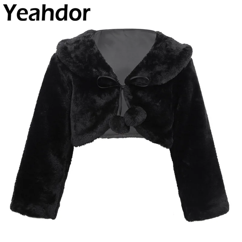 

Pageant Wedding Party Girls Faux Fur Long Sleeve Coat Bridesmaid Birthday Party Jacket for Flower Girls Dress Wrap Black Coat