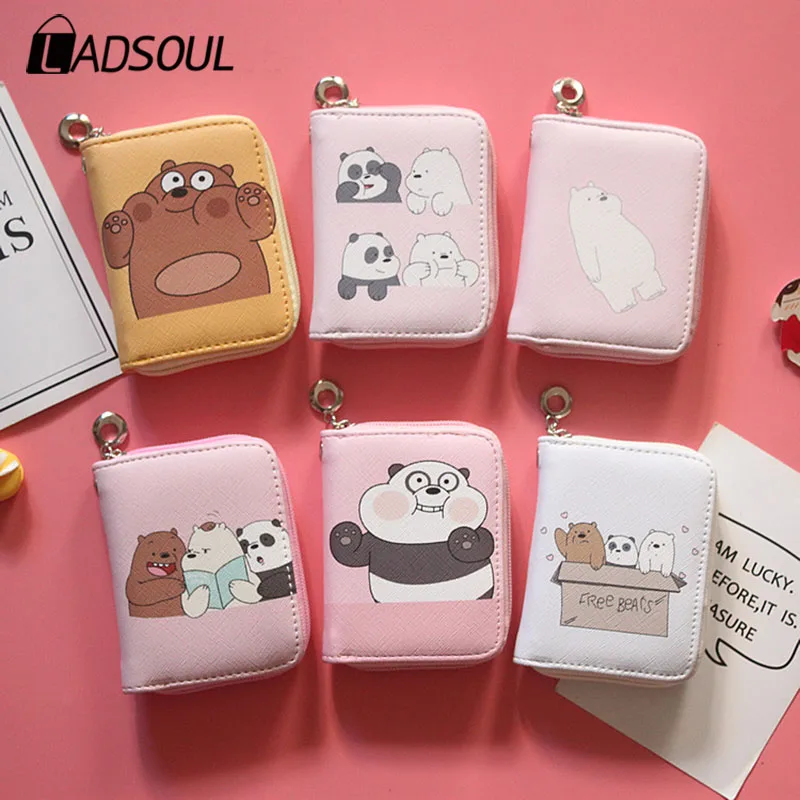 

LADSOUL New Fashion Short Wallet Zipper Print Student Small Fresh Cute Cartoon Bear Small Wallet Wrist Coin Purse