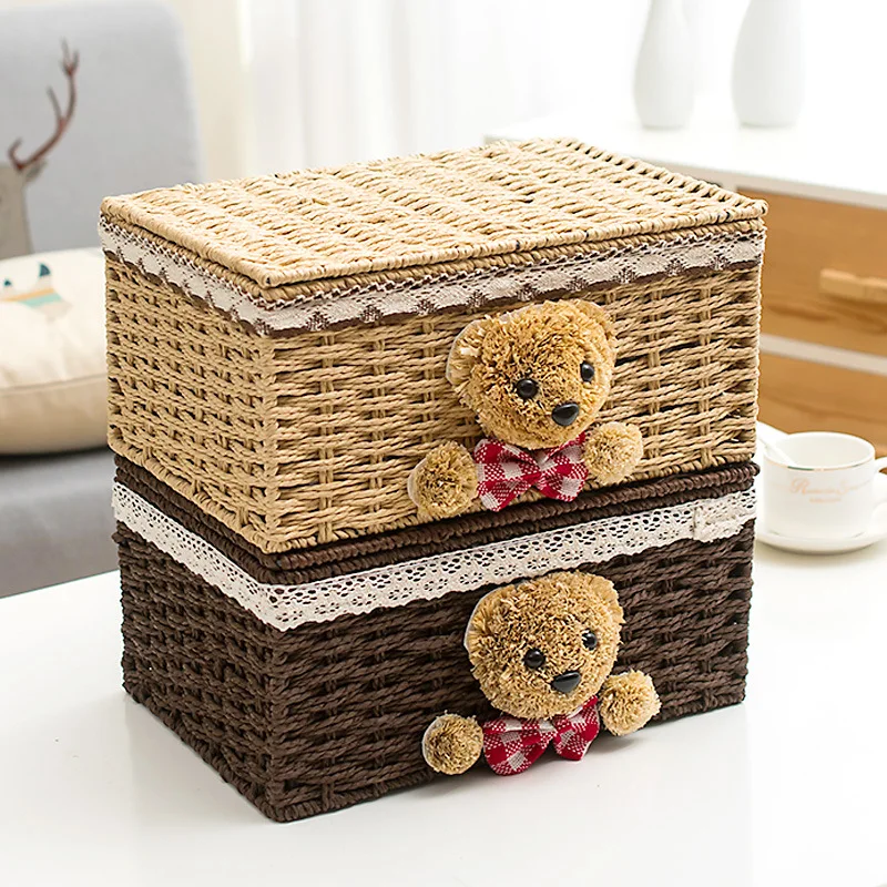 

Storage Basket Paper Rattan Fabric with Lid Storage Box Finishing Box Makeup Storage Box Desktop Storage Basket