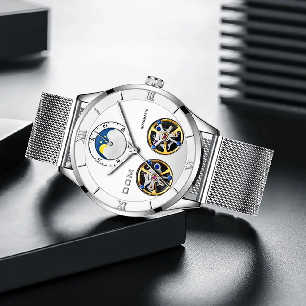 DOM Скелет турбийон механические часы для мужчин автоматическое классическое серебряное белое Сталь Механические наручные часы Reloj Hombre M-1270D-7M