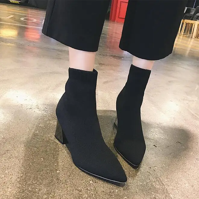 Женские ботинки-носки EOEODOIT с острым носком на высоком массивном каблуке | Обувь