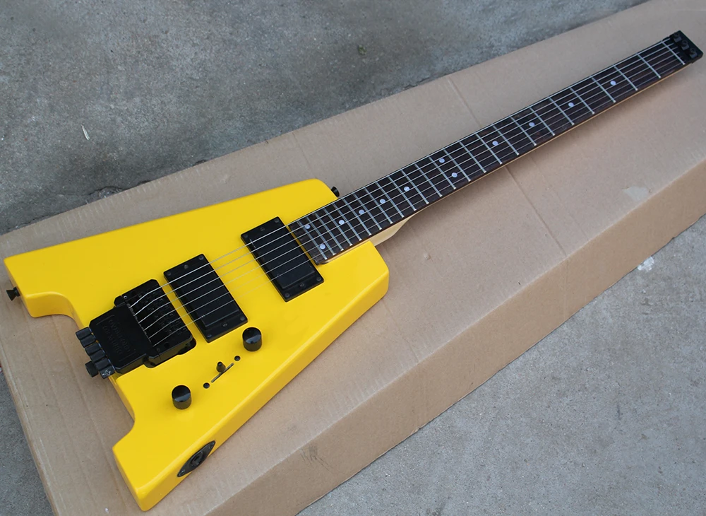 Желтая безголовая электрическая гитара с подставкой из розового дерева 24 лада