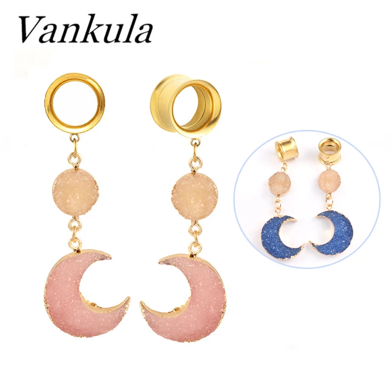 Vankula 2pcs Dangle Ear Plugs Tunnel Gold 316l Stainless Steel Piercing