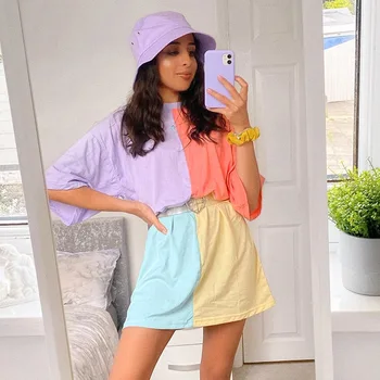 

Patchwork Colorful Casual Oversize T Shirt Loose Short Sleeve Cotton Tshirt Dress Women Harajuku Summer Streetwear