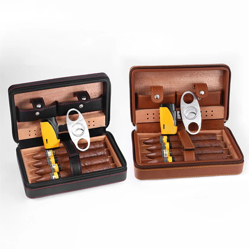 Cigar Case Humidor Portable Cedar Wood Leather Travel Humidor Humidifier Set Gift Box(Without lighter cutter