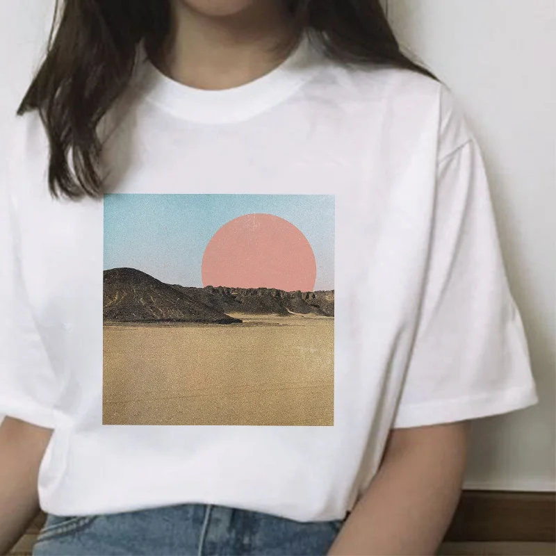 Женские рубашки Футболка Harajuku с принтом «Закат над морем» в японском стиле, модная футболка с круглым вырезом и короткими рукавами Топ для девочек, футболка - Цвет: white-C201-15
