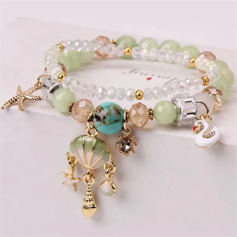 

2PCs/Set Large Hole Ocean Shell Charm Beads Crystal Bracelet Lover DIY Fashion Accessories Jewelry Lucky Bracelet