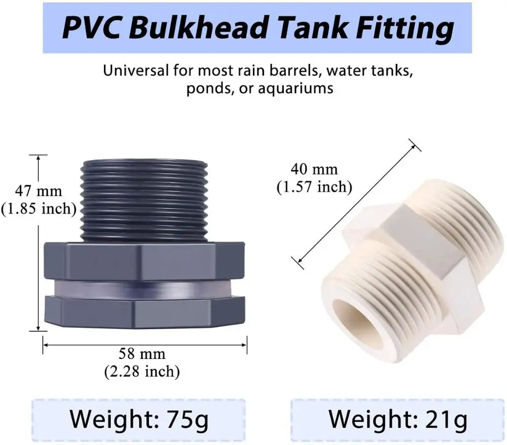 PVC 3/4" Bulkhead Fitting Adapters Rain Barrels 3Per Water tanks and Aquarium 