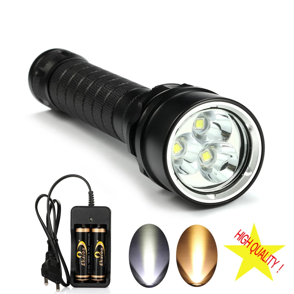 new 3 x XM-L L2 4500 Lumens White / Yellow Light led Diving Flashlight Powerful Waterproof Underwater Diving Torch kit