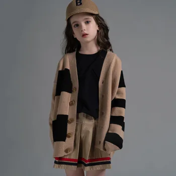 

Children's knitted cardigan children's sweater 2020 new girls sweater parent-child sweater children's striped off-shoulder sweat
