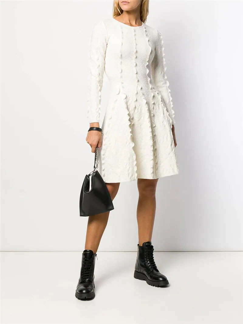 Высокое качество белый жаккард с длинным рукавом Круглый вырез А-силуэт вискоза Бандажное Платье женское вечернее платье