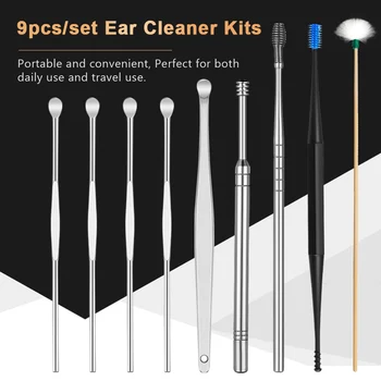 

9pcs/set Ear Cleaner Kits Stainless Steel Earpick Wax Remover Curette Ear Pick Ear Cleaner Spoon Spiral Ear Cleaning Tool